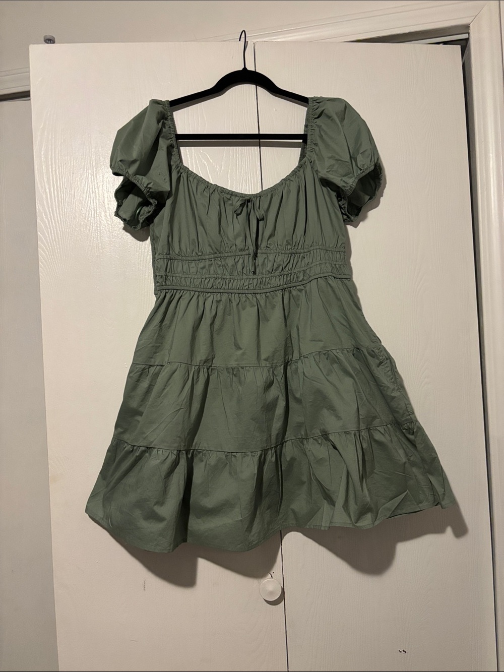NWT ! Francesca's Collections Sage Green Puff-Sleeve Tiered Mini Dress